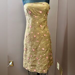 Y2K Tocca Gold Embroidered Pink Flower Strapless Spring Cocktail Dress Size 2
